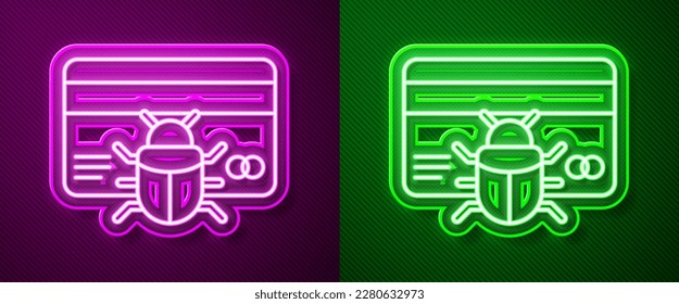 Línea de neón brillante Error del sistema en el icono de tarjeta de crédito aislado en el fondo morado y verde. Concepto de error de código. Error en el sistema. Búsqueda de fallos.  Vector