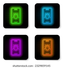 Glowing neon line System bug on mobile icon isolated on white background. Code bug concept. Bug in the system. Bug searching. Black square button. Vector