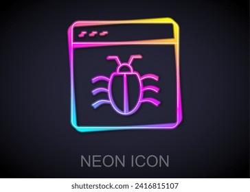 Línea de neón brillante Icono de concepto de error del sistema aislado en fondo negro. Concepto de error de código. Error en el sistema. Búsqueda de fallos.  Vector