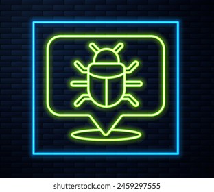 Glowing neon line System bug concept icon isolated on brick wall background. Code bug concept. Bug in the system. Bug searching.  Vector