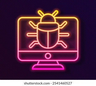 Bicho de sistema de línea de neón brillante en el icono del monitor aislado sobre fondo negro. Concepto de error de código. Error en el sistema. Buscando errores.  Vector