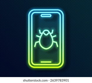 Glowing neon line System bug on mobile icon isolated on black background. Code bug concept. Bug in the system. Bug searching.  Vector