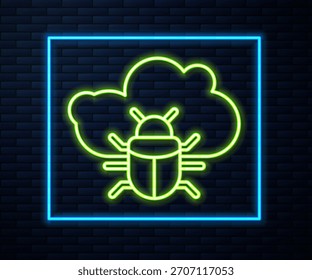 Glühender Neonline-Systemfehler auf einem Wolkensymbol einzeln auf Ziegelwandhintergrund. Design-Konzept für Cloud-Computing. Digitale Netzwerkverbindung.  Vektorgrafik