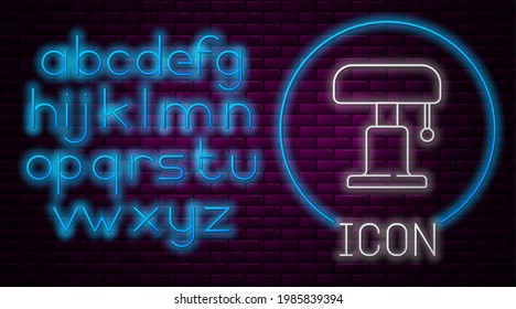 Glowing neon line Table lamp icon isolated on brick wall background. Neon light alphabet. Vector