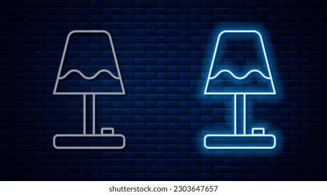 Glowing neon line Table lamp icon isolated on brick wall background.  Vector