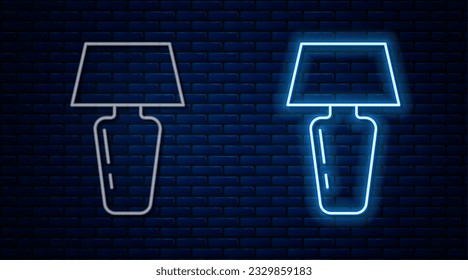 Línea de neón brillante Icono de lámpara de mesa aislado en el fondo de pared de ladrillo. Lámpara de escritorio.  Vector