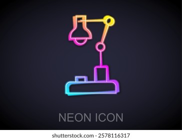 Glowing neon line Table lamp icon isolated on black background.  Vector