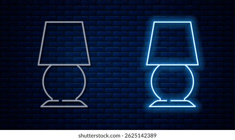 Glowing neon line Table lamp icon isolated on brick wall background. Desk lamp.  Vector