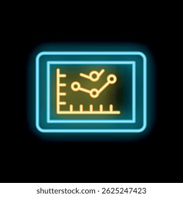 Tableta de línea de neón brillante con icono de gráfico aislado sobre fondo negro. Ilustración vectorial