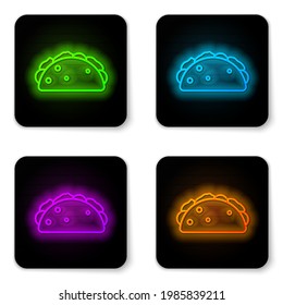 Glowing neon line Taco with tortilla icon isolated on white background. Traditional mexican fast food menu. Black square button. Vector