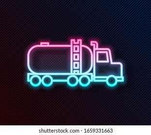 Icono de coche del tanque de neón brillante aislado en fondo negro. petrolero, coche de petróleo, cisterna, remolque de petróleo. Ilustración vectorial