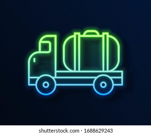 Glowing neon line Tanker truck icon isolated on blue background. Petroleum tanker, petrol truck, cistern, oil trailer.  Vector Illustration