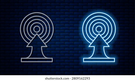 Glowing neon line Target with arrow icon isolated on brick wall background. Dart board sign. Archery board icon. Dartboard sign. Business goal concept.  Vector