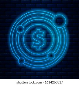 Glowing neon line Target with dollar symbol icon isolated on brick wall background. Investment target icon. Successful business concept. Cash or Money.  Vector Illustration