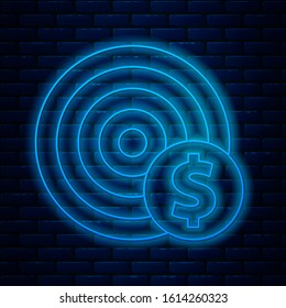 Glowing neon line Target with dollar symbol icon isolated on brick wall background. Investment target icon. Successful business concept. Cash or Money.  Vector Illustration