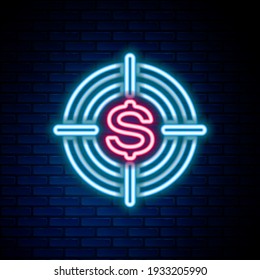 Glowing neon line Target with dollar symbol icon isolated on brick wall background. Investment target. Successful business concept. Cash or Money sign. Colorful outline concept. Vector