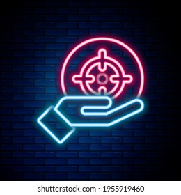 Glowing neon line Target financial goal concept icon isolated on brick wall background. Symbolic goals achievement, success. Colorful outline concept. Vector