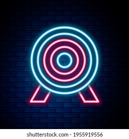 Glowing neon line Target financial goal concept icon isolated on brick wall background. Symbolic goals achievement, success. Colorful outline concept. Vector