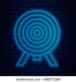 Glowing neon line Target icon isolated on brick wall background. Dart board sign. Archery board icon. Dartboard sign. Business goal concept.  Vector Illustration