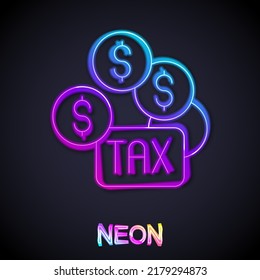 Glowing neon line Tax payment icon isolated on black background.  Vector