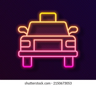 Glowing neon line Taxi car icon isolated on black background.  Vector