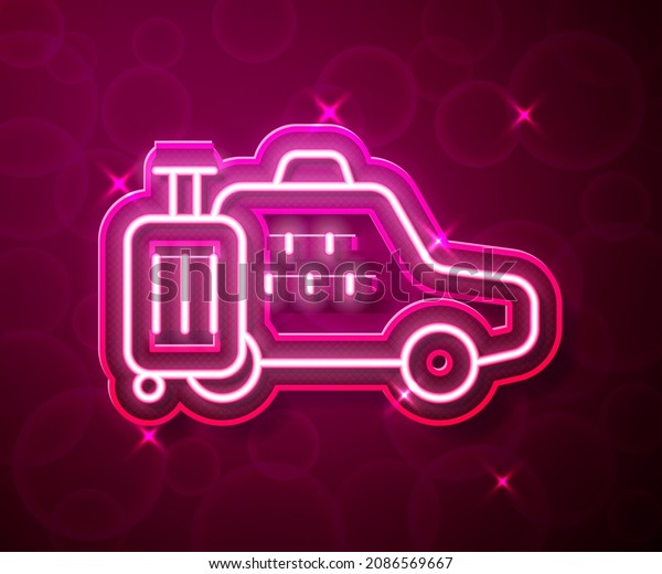 Glowing neon line Taxi car icon isolated on red\
background.  Vector