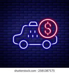 Glowing neon line Taximeter device icon isolated on brick wall background. Measurement appliance for passenger fare in taxi car. Colorful outline concept. Vector