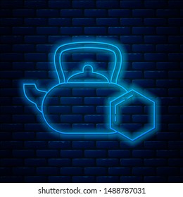 Glowing neon line Tea kettle with honey icon isolated on brick wall background. Sweet natural food.  Vector Illustration