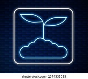 Glowing neon line Tea leaf icon isolated on brick wall background. Tea leaves.  Vector