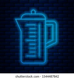 Glowing neon line Teapot icon isolated on brick wall background.  Vector Illustration