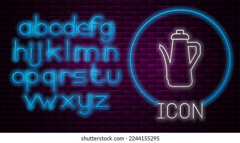 Glowing neon line Teapot icon isolated on brick wall background. Neon light alphabet. Vector
