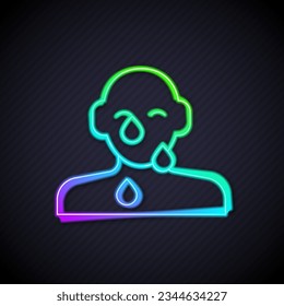 Glowing neon line Tear cry eye icon isolated on black background.  Vector
