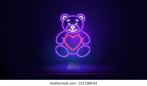 The glowing neon line of a teddy bear is a plush toy icon with a heart on the sideboard, isolated on a dark background. Vector illustration