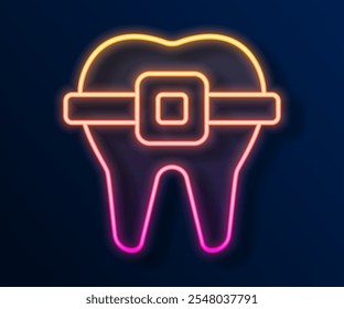 Dientes de línea de neón brillante con el icono de los tirantes aislado en fondo negro. Alineación de mordida de dientes, fila dental con brackets. Concepto dental.  Vector