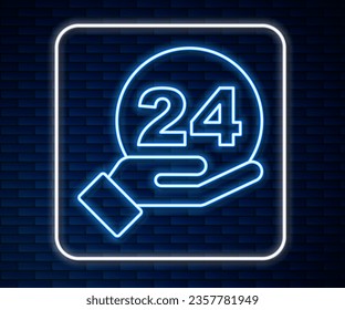 Glowing neon line Telephone 24 hours support icon isolated on brick wall background. All-day customer support call-center. Full time call services.  Vector