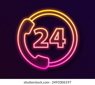 Glowing neon line Telephone 24 hours support icon isolated on black background. All-day customer support call-center. Full time call services.  Vector Illustration