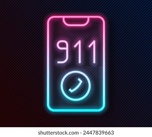 Glowing neon line Telephone with emergency call 911 icon isolated on black background. Police, ambulance, fire department, call, phone.  Vector