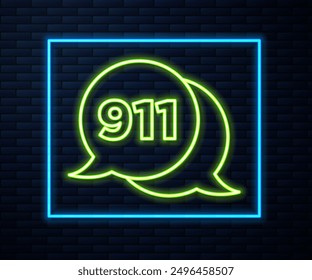 Glowing neon line Telephone with emergency call 911 icon isolated on brick wall background. Police, ambulance, fire department, call, phone.  Vector