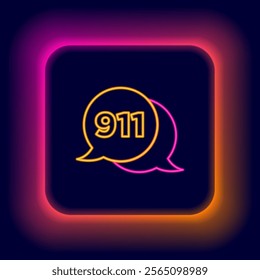 Glowing neon line Telephone with emergency call 911 icon isolated on black background. Police, ambulance, fire department, call, phone. Colorful outline concept. Vector