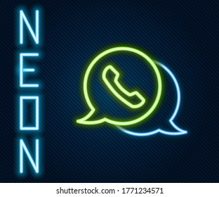 Glowing neon line Telephone with speech bubble chat icon isolated on black background. Support customer service, hotline, call center, faq. Colorful outline concept. Vector Illustration