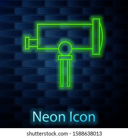 Glowing neon line Telescope icon isolated on brick wall background. Scientific tool. Education and astronomy element, spyglass and study stars.  Vector Illustration