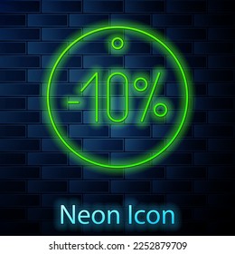 Glowing neon line Ten discount percent tag icon isolated on brick wall background. Shopping tag sign. Special offer sign. Discount coupons symbol.  Vector Illustration