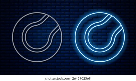 Glowing neon line Tennis ball icon isolated on brick wall background. Sport equipment.  Vector