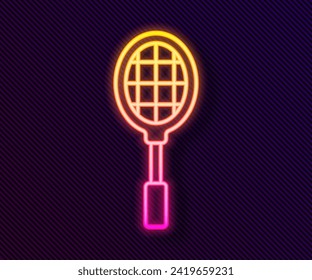 Glowing neon line Tennis racket icon isolated on black background. Sport equipment.  Vector Illustration