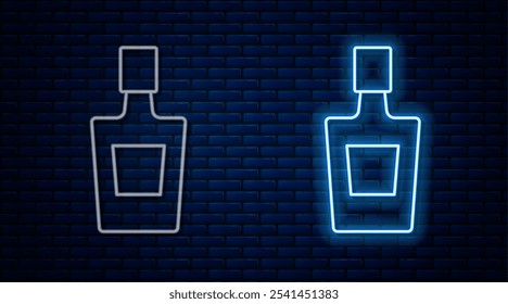 Linha de neon brilhante ícone da garrafa de tequila isolado no fundo da parede de tijolo. Álcool mexicano.  Vetor