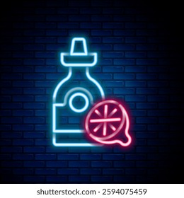 Glowing neon line Tequila bottle with lemon icon isolated on brick wall background. Mexican alcohol drink. Colorful outline concept. Vector