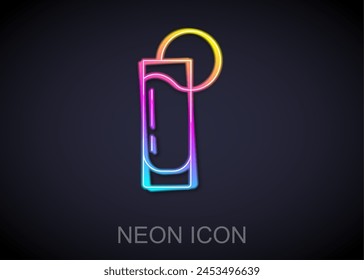 Glowing neon line Tequila glass with lemon icon isolated on black background. Mexican alcohol drink.  Vector