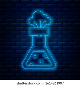Glowing neon line Test tube and flask chemical laboratory test icon isolated on brick wall background. Laboratory glassware sign.  Vector Illustration