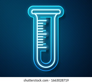 Glowing neon line Test tube and flask icon isolated on blue background. Chemical laboratory test. Laboratory glassware.  Vector Illustration