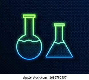 Glowing neon line Test tube and flask icon isolated on blue background. Chemical laboratory test. Laboratory glassware.  Vector Illustration